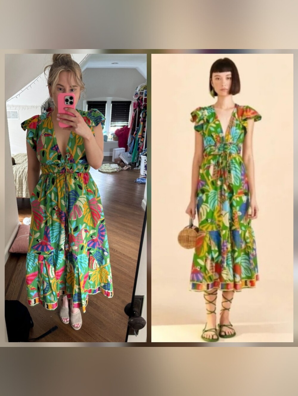 Farm Rio Green Birds Tropical Print Mididress